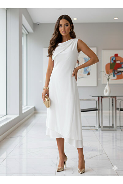 Robes Asimetrik Yaka İnce Askılı Şık Davet Abiye Elbisesi - Midi Boy Mezuniyet Nişan -6724