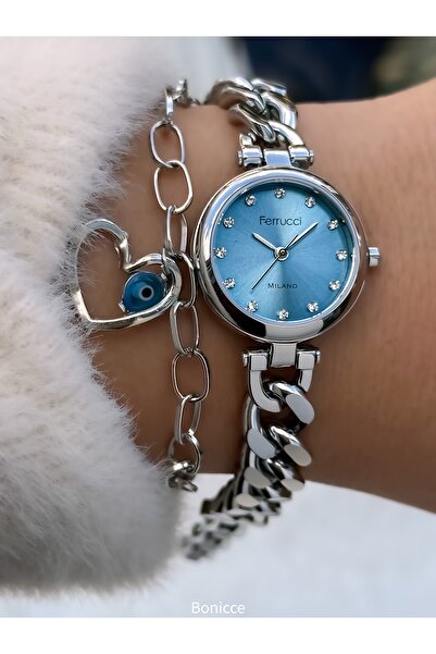 Ferrucci Kadın Saat, Mavi-Gümüş Çelik Zincir Kordon, Mini Kasa,Kalpli Bileklik Hediyeli, Şık Hediyelik Kutuda