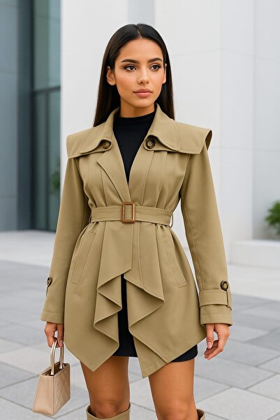 PELİNORA kemerli asimetrik kesim trençkot