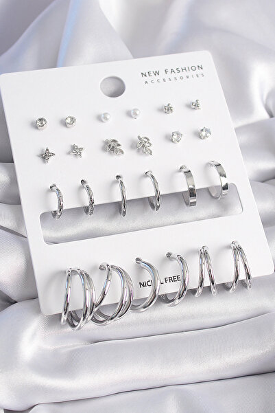 Skygo Brass Silver Color Zircon Stone Detailed 12 Pairs Women's Earrings Set - Tj-Bkp9681