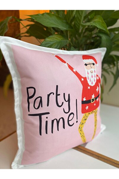 RahanDesign Party Time Written Christmas Themed Double-Sided Suede Throw Pillow Cover - 43X43Cm - Christmas Throw Pillow Cover