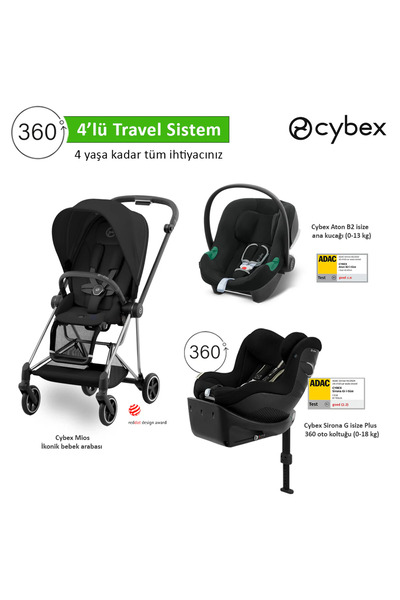 Cybex 4 lü travel sistem Mios Chrome Black+ Aton B2 isize + Sirona 360 G isize PLUS+Mios Adaptör