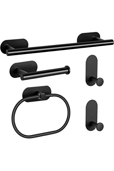 Generic مجموعة أدوات حمام من 5 قطع باللون الأسود غير اللامع، مجموعة إكسسوارات حمام ذاتية اللصق من الفولاذ المقاوم للصدأ، في