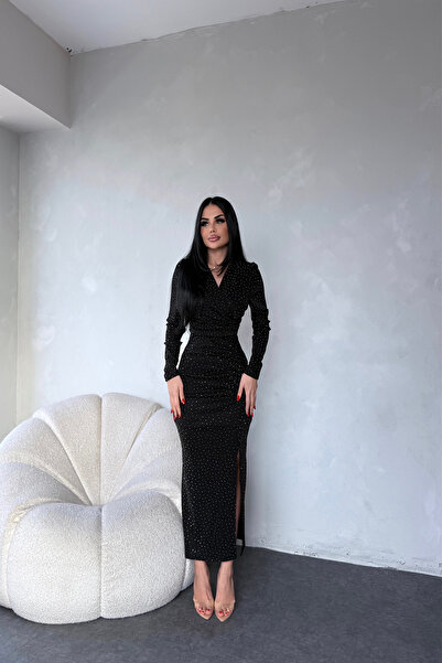 LİLA İSTANBUL Kruvaze Yaka Taş İşlemeli Özel Tasarım Siyah Elbise