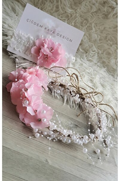 çiğdem kaya design Pearl Pink Hydrangea Flower Mother Baby Lohusa Crown Set