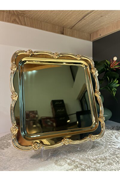 zaTen Pazar 6 Adet Gül Şerit Gold Kare Metal Kahve Sunum Tepsisi