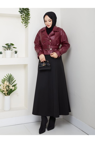 sd butique Kadın Deri Kemerli Şık Kısa Ceket