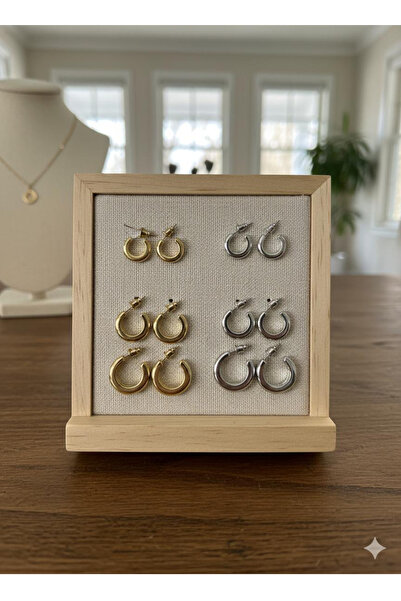 selfquality Kadın Gold ve Gümüş Renk Üçlü Set Halka Küpe