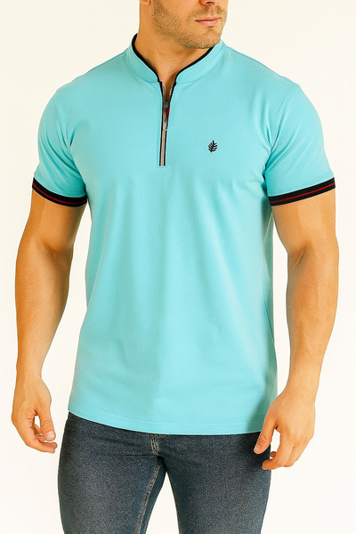 ARL Hakim Yaka Turquoise T-Shirt with Gray Zipper Detail