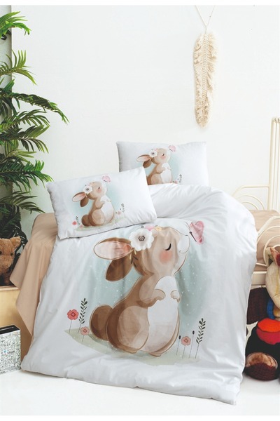 Baby Maa Floral Rabbit Patterned 100% Cotton 3-Piece Duvet Cover Set (Duvet Cover, Sheet, Pillowcase)