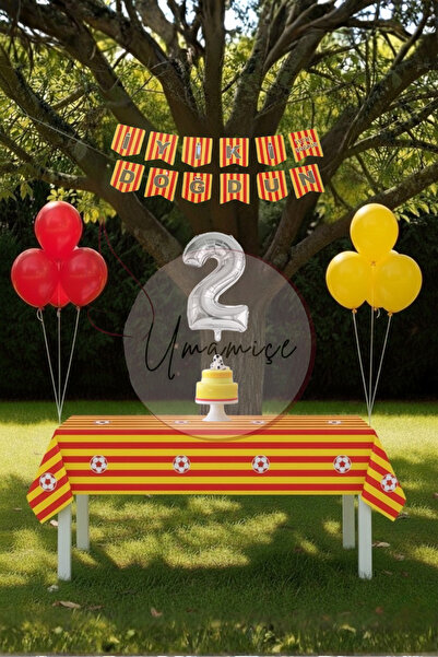 Umamiçe Yellow and Red Themed 2Nd Birthday Party Set – Tablecloth + Banner + 2 Number Balloons + Balloons