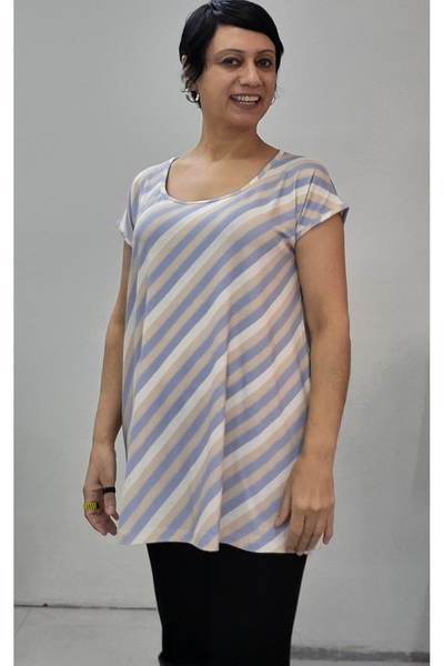 Mertcan Butik Blue Latte Cream Striped Size Fits All Low-Sleeve Combed Viscose T-Shirt