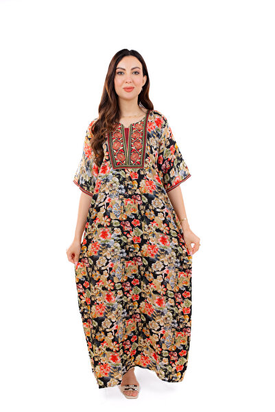 amaan Women Floral Jalabiya Dress, Modern Arabic style design with Embroidered Neckline, Sand Crepe Fabric