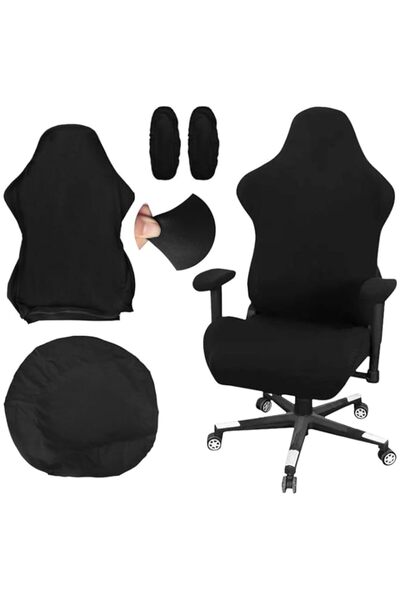 Generic مجموعة أغطية كراسي المكتب، غطاء كرسي ألعاب دوار مطاطي أسود مع مسند للذراعين وأغطية ظهر الكرسي،