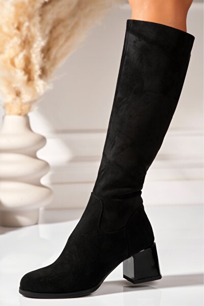 Joana Cizme cu toc Shadia din piele întoarsă neagră, din piele ecologică