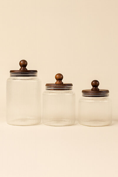 Mirilliahome 3'lü Akasya Kapaklı Çizgili Cam Kavanoz Seti | 1700-1200-900 ml ...