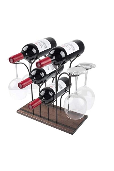 Generic رف نبيذ خشبي للطاولة، حامل نبيذ للطاولة، حامل تخزين لأربع زجاجات نبيذ وأربعة أكواب، مثالي