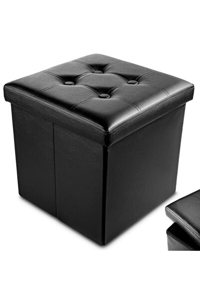 Generic صناديق تخزين قابلة للطي من الجلد الصناعي من Nyxi مقاس 38 * 38 * 38 سم باللون الأسود مع مقعد ومقعد للقدمين