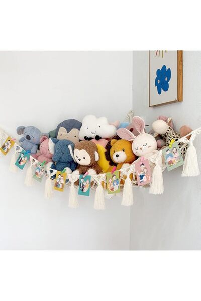 Generic أرجوحة ألعاب ماكراميه من نوسكين - للحيوانات المحشوة والألعاب القطيفة، شبكة تخزين ناعمة مع صورة خشبية