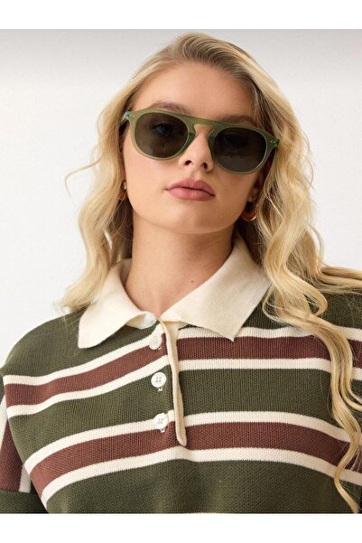 Le Savu Pulover tricotat cu guler polo cu dungi cu nasturi de culoare verde-maro