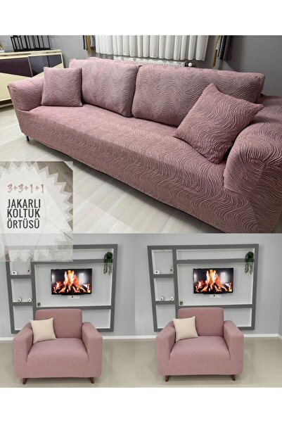 OSIO Jakarlı 3 3 1 1 Koltuk Örtüsü Takımı, Esnek Kumaş Lastikli