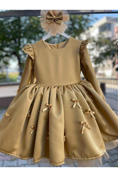 Sare Çocuk Giyim Χρυσό Φιόγκο Χειμερινό Παιδικό Βραδινό Φόρεμα