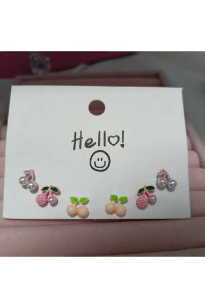 Bulut Takı Aksesuar Kiraz figürlü çoklu (3 çift) çelik küpe