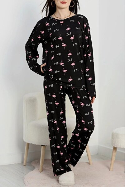 DAS KLEID Soft Milan Alt Üst Same Pajama Set Black Flamingo