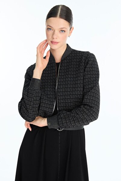 Zühre Patterned Bomber Jacket Dress Black Double Suit Tk-1662