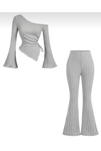 albaroda بلوزة نسائية رمادية اللون وبنطلون واسع الأرجل