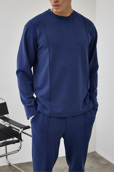 MADZEYMODA Premium Men's Modal Fabric Crew Neck Navy Blue Top and Bottom Set Ls-82014