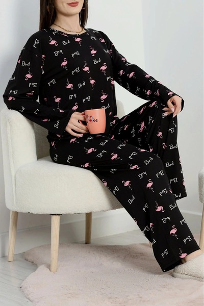 DAS KLEID Soft Milan Alt Üst Same Pajama Set Black Flamingo