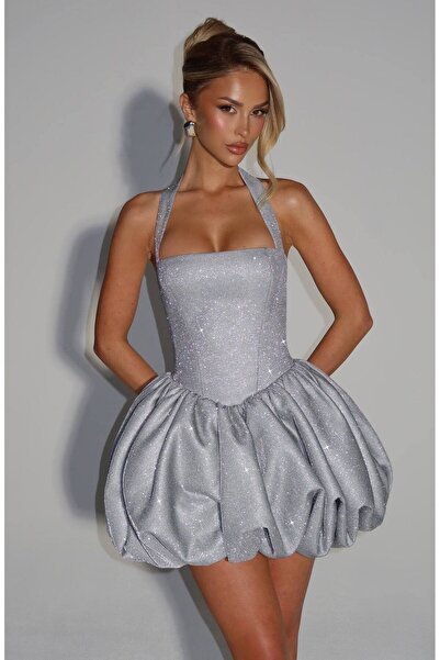 Larenmoda Gümüş ışıltılı mini parti elbise