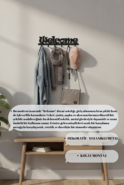 Grandmix Metal Welcome Yazılı Duvar Askılığı Dekoratif Portmanto Vestiyer Askısı Antre Askılık