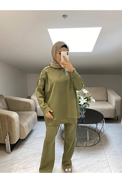 Miraydın Butik Women's Buttoned Pants Double Scuba Suit M52817 - Green