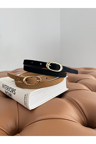 coaksco Women's Suede Tan&Black 2-Piece Belt Set