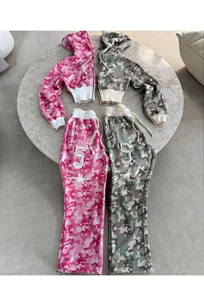 BİQ & TAQ BUTİK Camouflage 3 Thread Ş Fleece-Lined Baggy Bottom Top Tracksuit Set