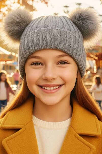 Trenderrs Girl's 6 - 14 Years Old Corded Fabric Beanies with Pompoms Children's Beanie