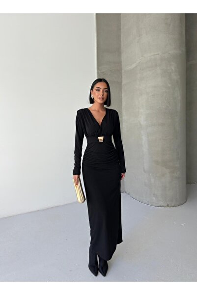 aytenli Double-Breasted Yaka Gold Buckle Belt Accessory Side Gathered Side Slit Lined Long Dress