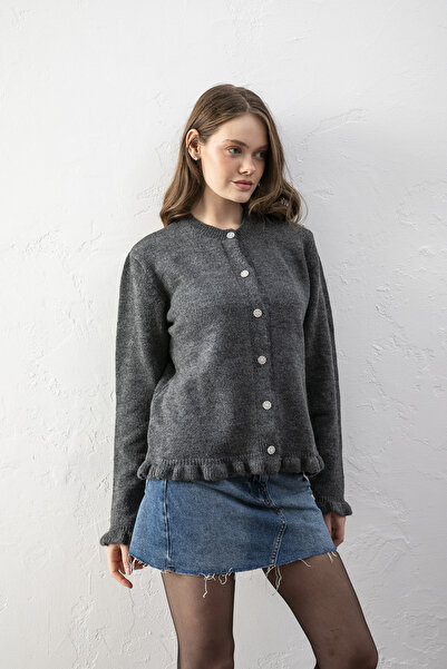 Loov Cardigan cu mâneci lungi și detaliu cu volane, cu decolteu tip crew - Ca...