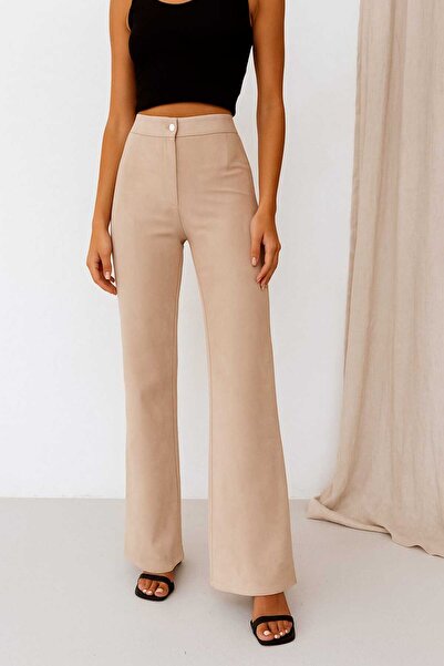 ByMisa Store Γυναικείο μπεζ πέντε χρώματα χωρίς τσέπες με ελαστική μέση σουέτ παντελόνι palazzo