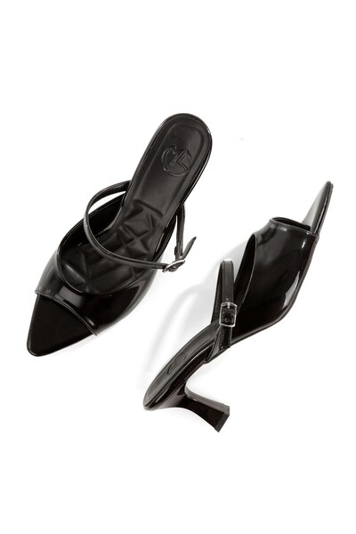 Modabuymus Black Patent Leather Open Toe Pointed Stiletto Slippers Ranil