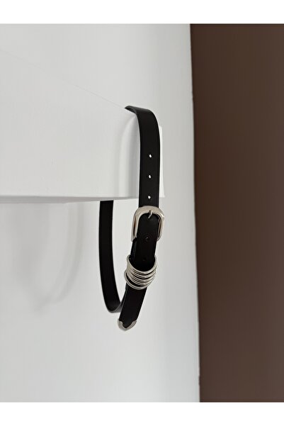 coaksco Γυναικεία μαύρη ζώνη με ασημένια αγκράφα με 5 κρίκους