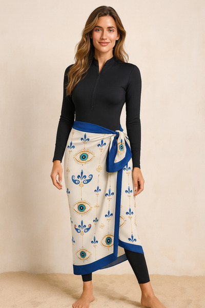 CUPSEA Black Long Sleeve Bodysuit Swimsuit Lycra Long Leggings Evil Eye Beads Pareo Set of 3 Hijab