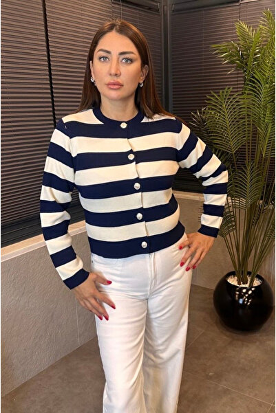 MİR STORE Navy Blue Cardigan with Stripe Detail and Silver Buttons