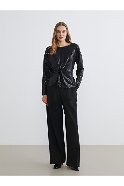 LC Waikiki Siyah Bisiklet Yaka Büzgülü Payetli Bluz