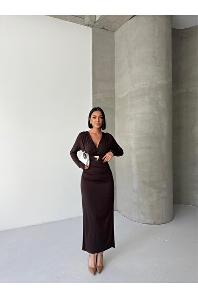 aytenli Double-Breasted Yaka Gold Buckle Belt Accessory Side Gathered Side Slit Lined Long Dress