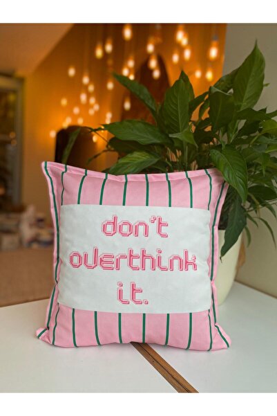 RahanDesign Dont Overthink It Written Double-Sided Green Striped Pink Decorative Suede Throw Pillow Cover - 43X43Cm