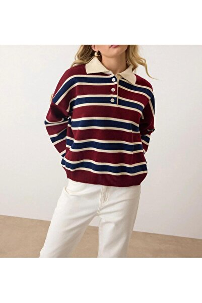 Le Savu Red-Navy Blue Colored Buttoned Striped Polo Neck Knitwear Sweater