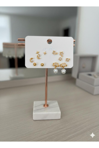 selfquality Kadın Gold Renk Altılı Karışık Figürlü Set Küpe